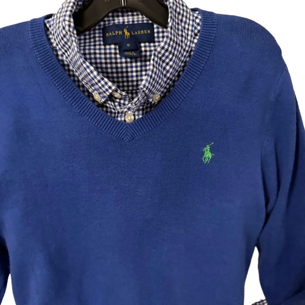 Ralph Lauren Boys 2 PCS Set Blue V-Neck Sweater & Plaid Shirt Sz 5-6